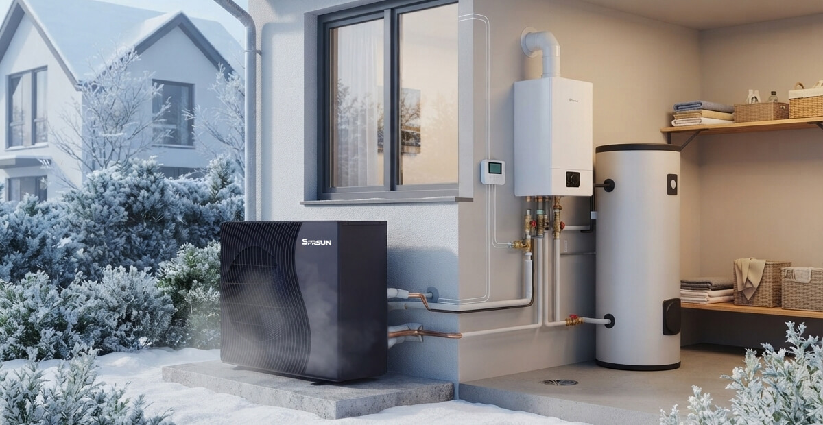 Diagram of heat pump and boiler in parallel hybrid operation, showing piping connections and intelligent backup heating logic Schéma d'une pompe à chaleur et d'une chaudière en fonctionnement hybride parallèle, montrant les connexions de tuyauterie et la logique intelligente du chauffage d'appoint