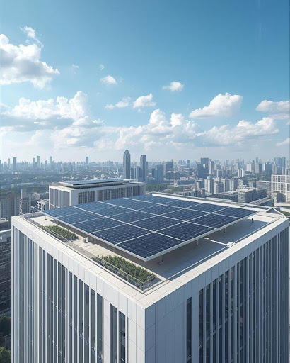 Bâtiment commercial avec panneaux solaires en pérovskite