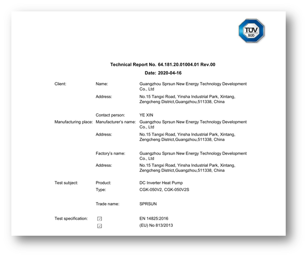 Rapport de test TUV - SPRSUN Pompe à chaleur à inverseur CC A+++