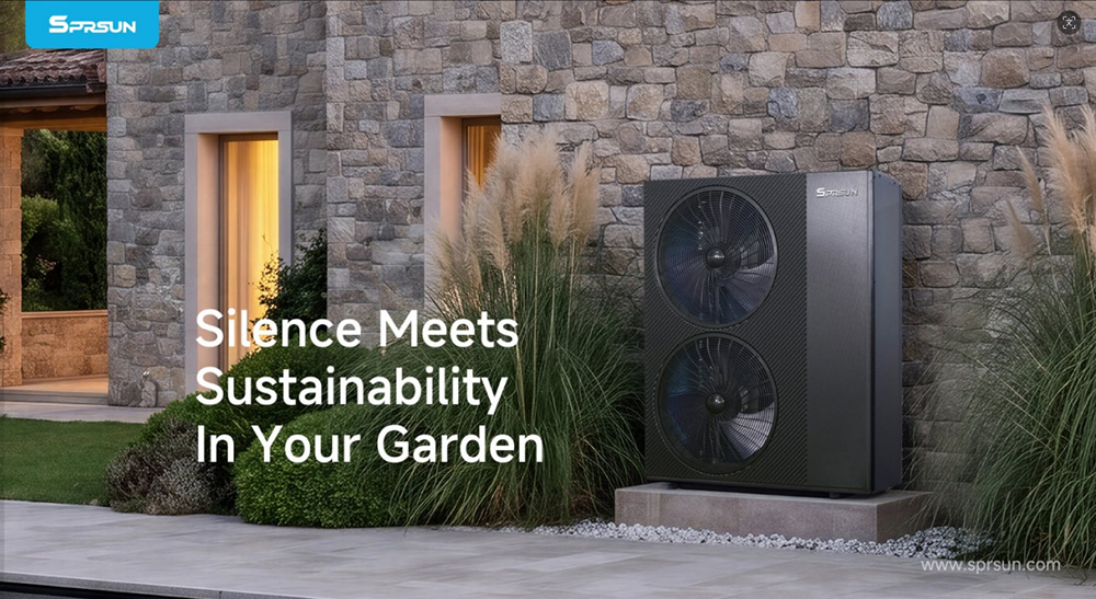 SPRSUN Pompe &agrave; chaleur silencieuse Greenergy Pro R290 dans le jardin d'une villa, d&eacute;montrant un fonctionnement silencieux et un chauffage durable.