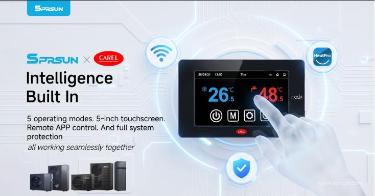 Pompe &agrave; chaleur SPRSUN &eacute;quip&eacute;e d'un contr&ocirc;leur intelligent CAREL, offrant 5 modes de fonctionnement et un contr&ocirc;le &agrave; distance par application mobile.