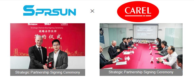 Des dirigeants se serrent la main lors de la c&eacute;r&eacute;monie officielle de signature du partenariat strat&eacute;gique entre SPRSUN et CAREL pour la technologie avanc&eacute;e des pompes &agrave; chaleur.